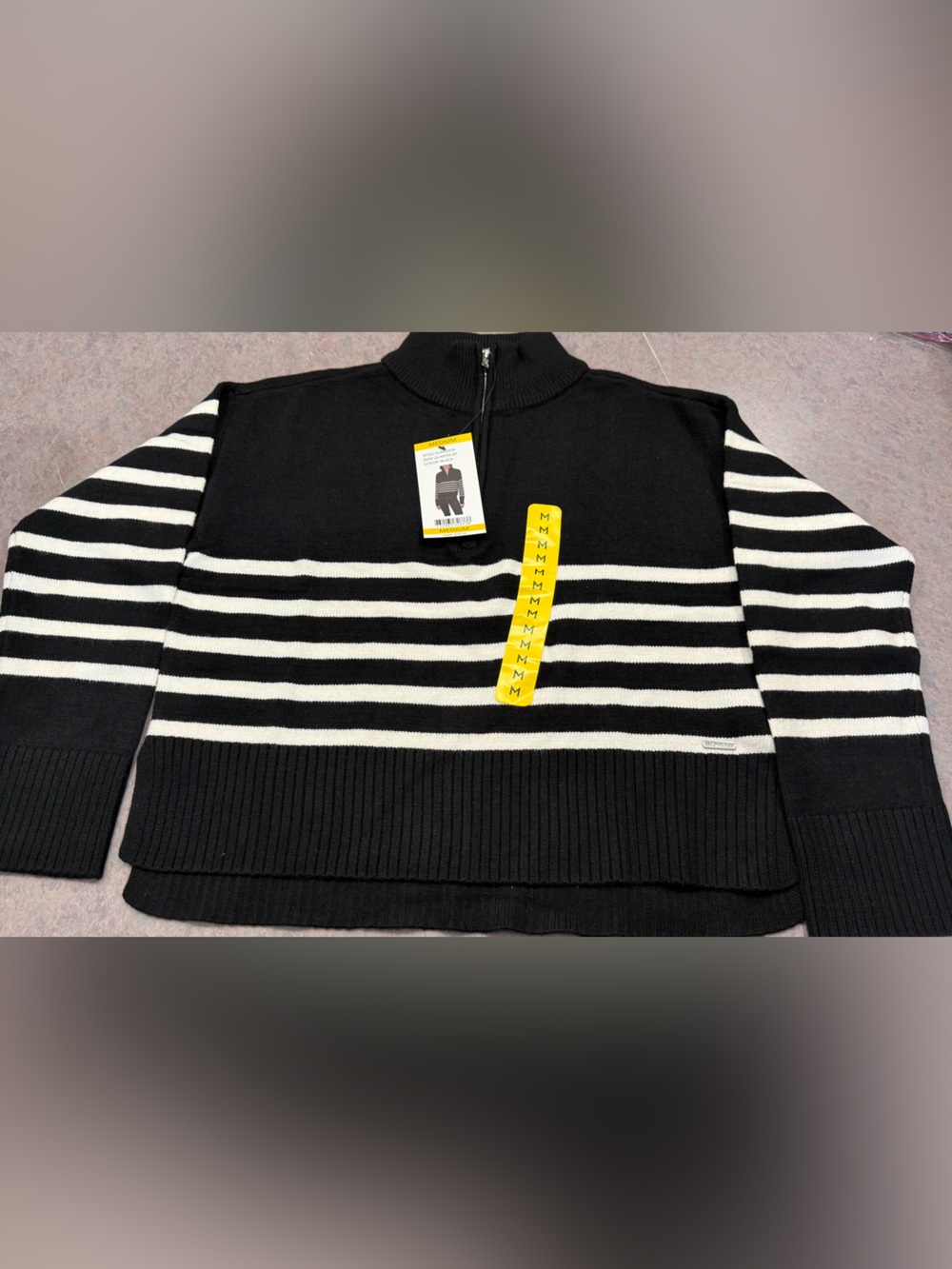 Women’s Black and White Striped Half-Zip Sweater